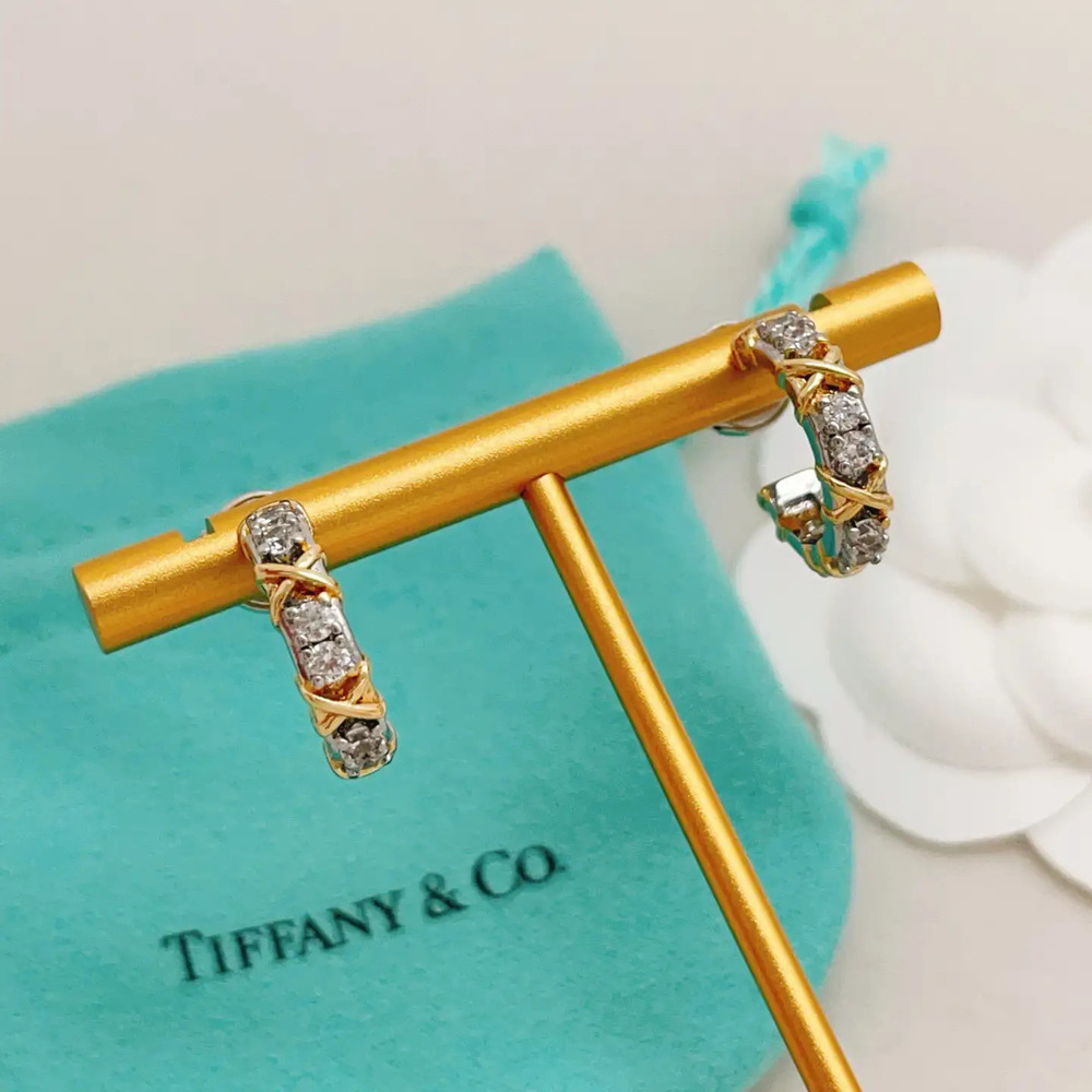 Tiffany & Co. Silver Full-Diamond Semi-Circle X-Shaped Earrings